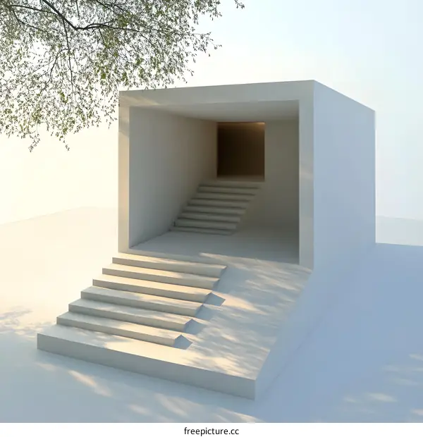 Minimalist Architecture Building With Stairs And Tree Branch