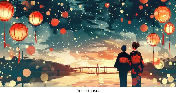 Couple in Kimonos Watching Fireworks over a Bridge in Japan