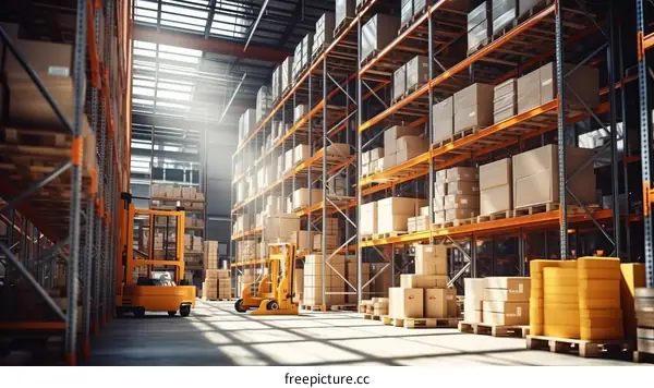 A large warehouse with many shelves and a forklift