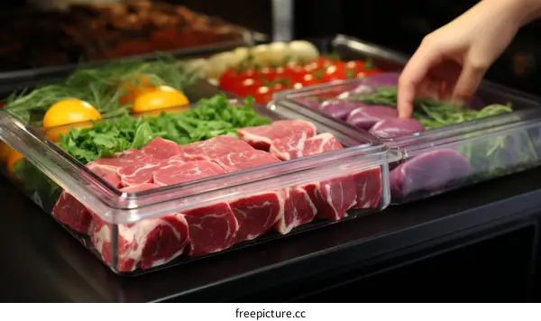 Transparent plastic containers with fresh meat and vegetables in the refrigerator