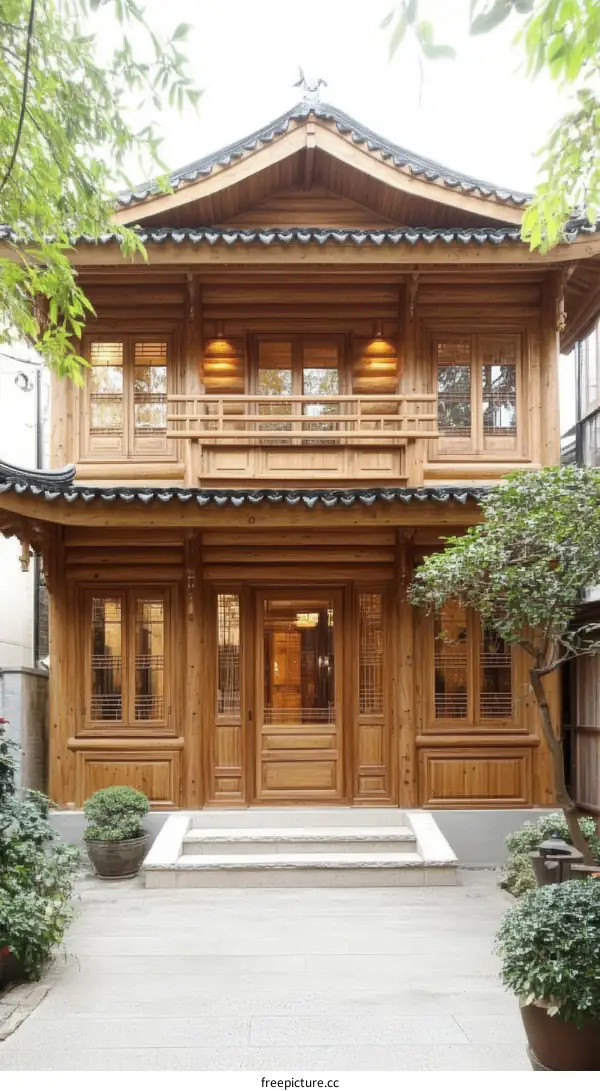 Traditional Chinese Wooden House Exterior in Courtyard