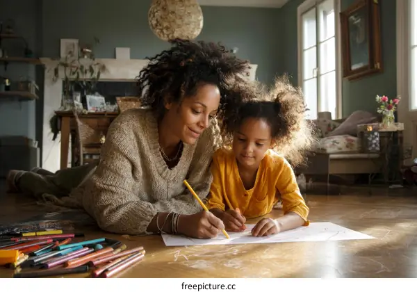 Mother and Daughter Drawing Together at Home