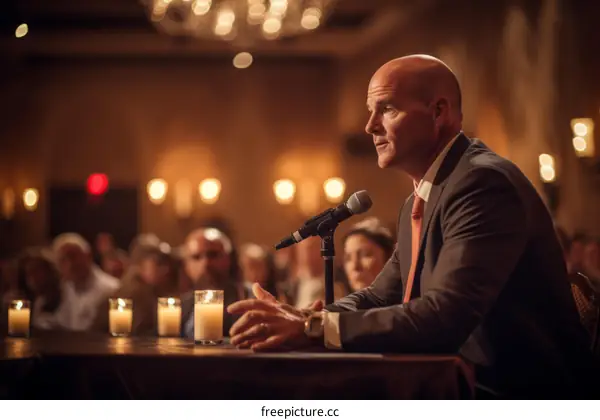 Confident bald man in suit giving speech at a candlelit dinner