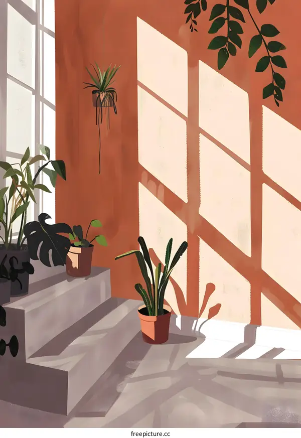 Sunbeams through the Window in a Room with Plants