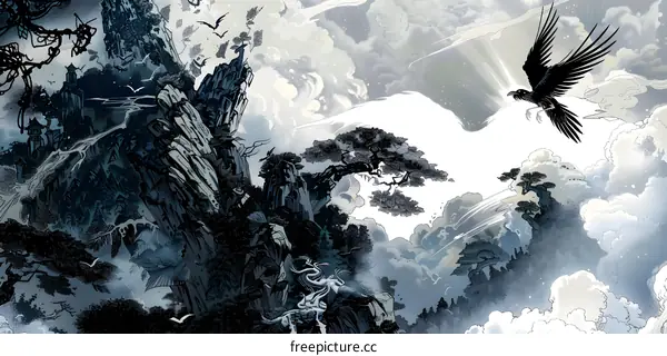 Black Bird Flying Over Mountain Landscape with Clouds