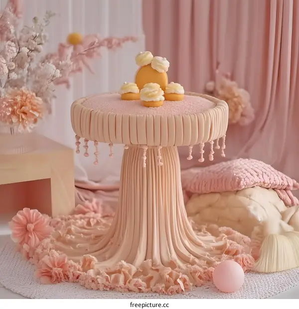 Pink Cake Stand with Macarons and Decorations