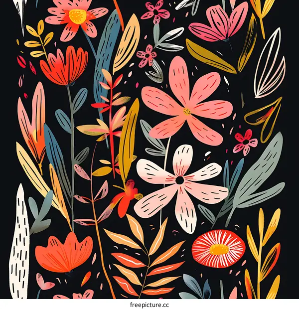 Colorful Floral Pattern with Black Background
