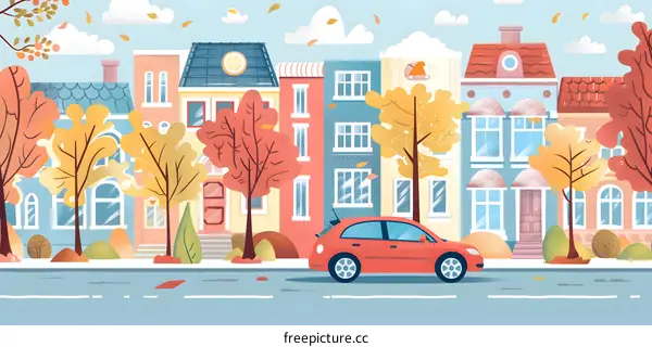 Cartoon Illustration of an Autumn Day in a City with Houses and a Car