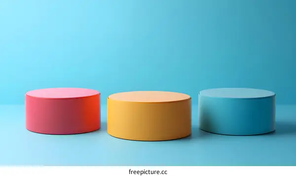 Three Colorful Cylinders on a Blue Background