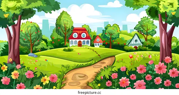 Beautiful Cartoon Landscape With Green Trees And Flowers