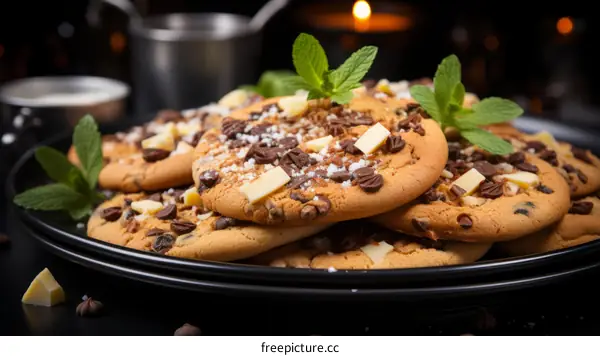 A plate full of chocolate chip cookies with white chocolate chunks