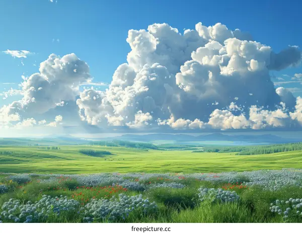 Rolling Green Hills Under Blue Sky and White Clouds