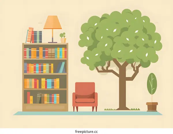 Book Shelf and Chair Illustration With Tree