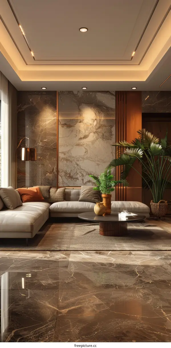 Modern Minimalist Living Room with Palm Tree Decor