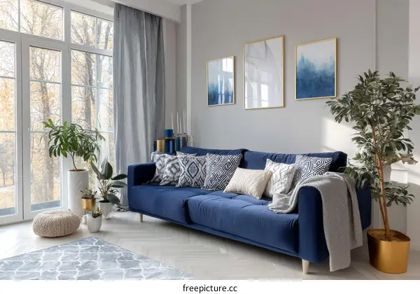Modern Living Room with Blue Sofa and Artwork