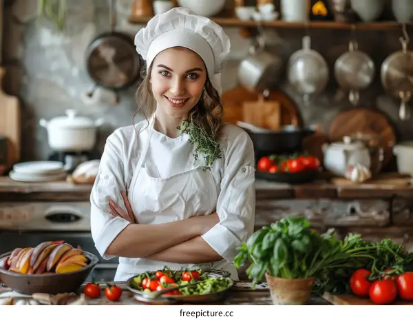 Smiling female chef in a restaurant kitchen