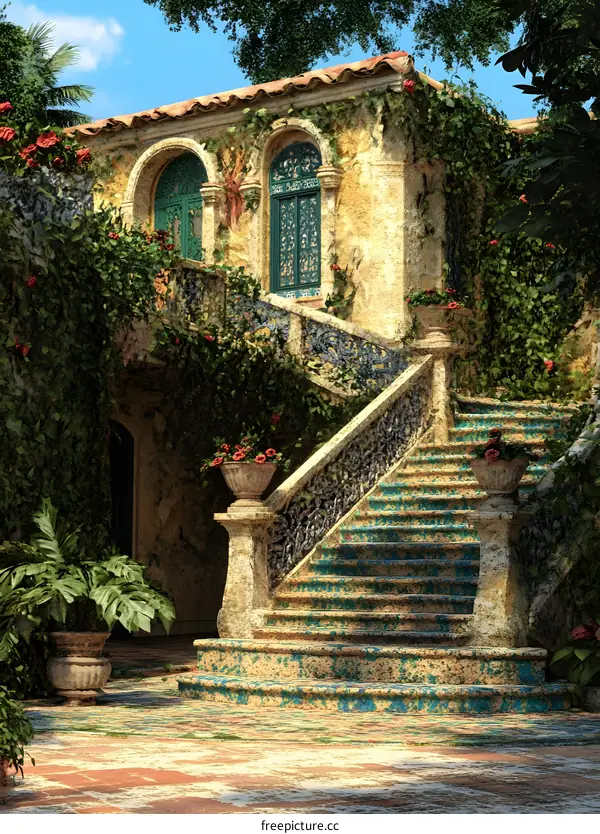 Stone Staircase With Ornate Handrails Leading To An Old Stone House With Green Doors