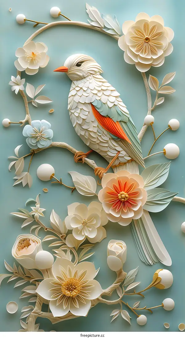 A delicate paper-cut bird perches on a branch with intricately cut flowers and leaves.
