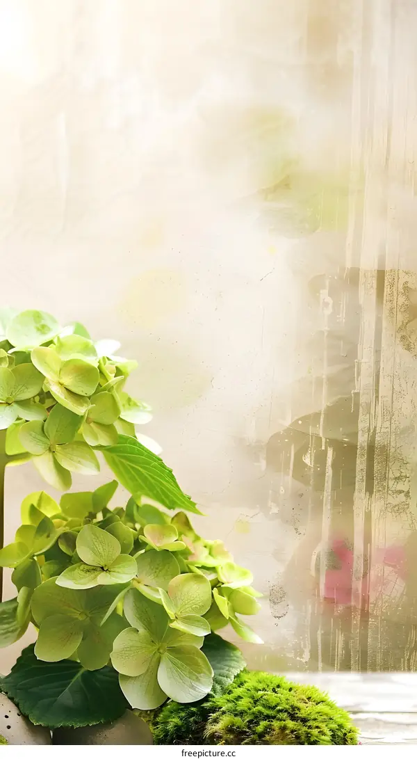 Green Hydrangea Flowers with Moss and Wood Texture Background