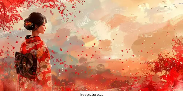A woman in a red kimono standing in a field of red flowers.