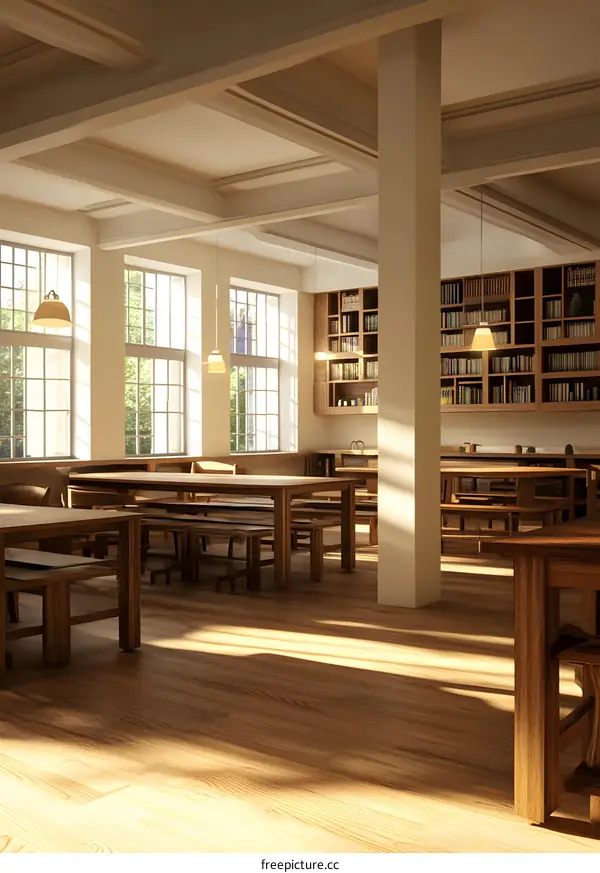 Sunlight Streaming Through Windows in a Library