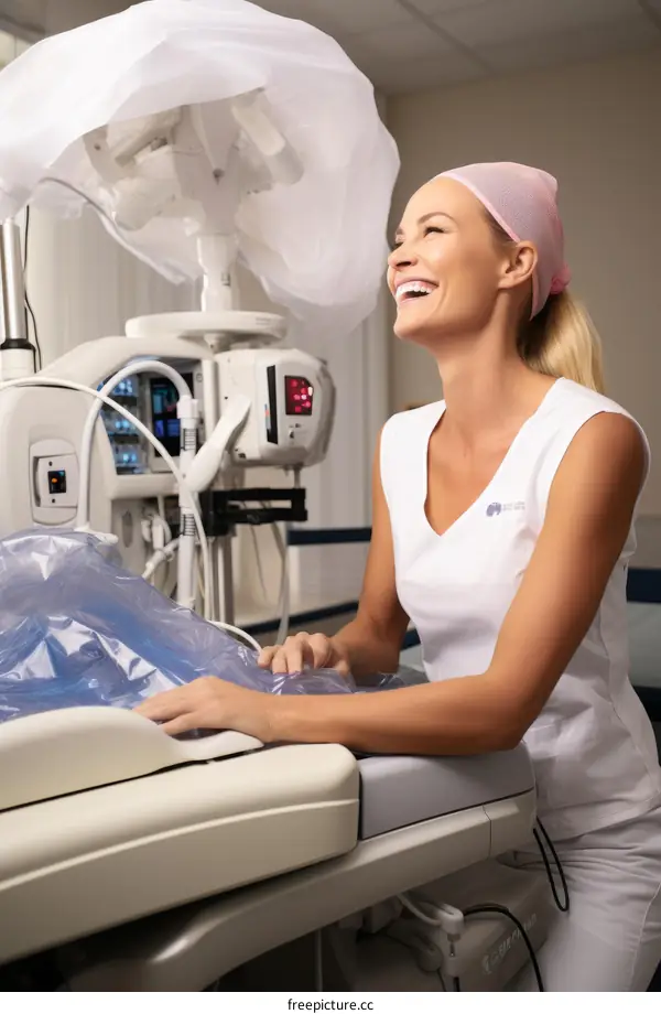Laughing Blonde Woman in White Coat in Medical Office