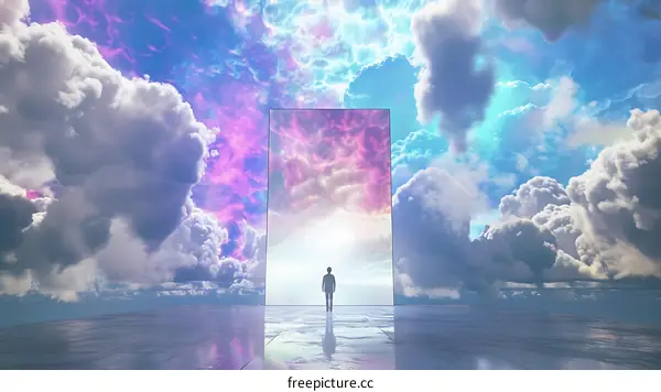 Silhouette of a Man Standing in Front of a Giant Doorway to the Sky