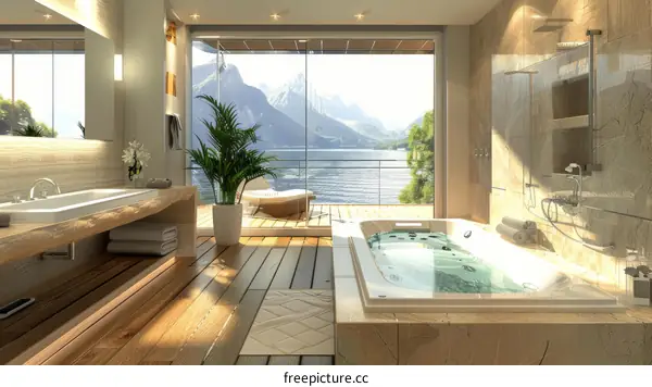 Luxury Lakeside Bathroom with Scenic View