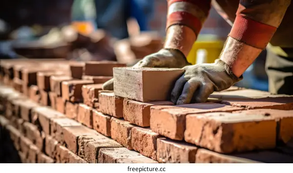Mason laying bricks to build a wall