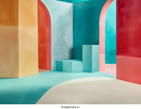 Abstract Minimalist Interior Design with Colorful Walls and Arches