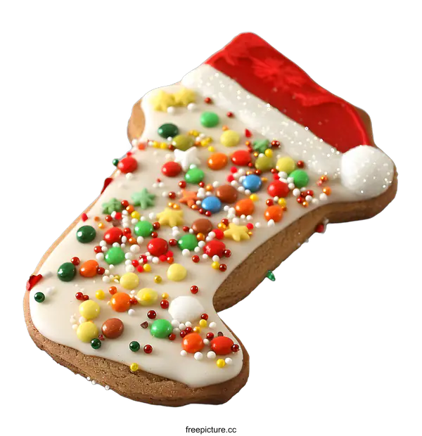 [Transparent Background PNG]Gingerbread Cookie Shaped Like a Stocking Decorated with Sprinkles and Candy
