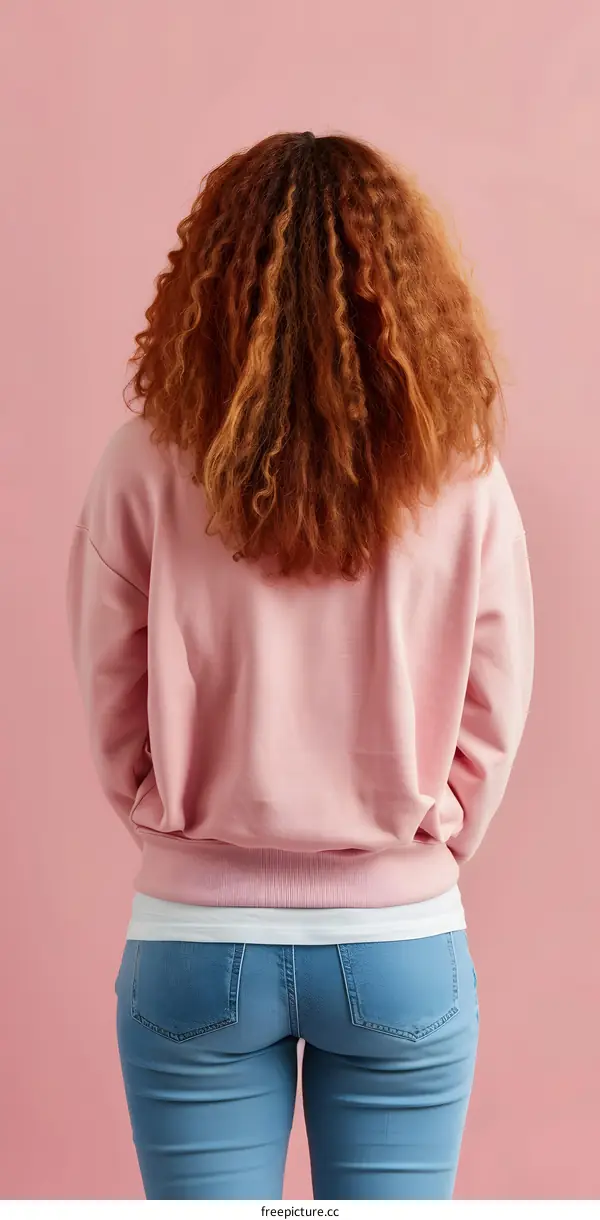 Woman in Pink Sweatshirt and Blue Jeans Standing with Back to Camera