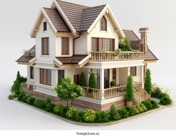 A 3D rendering of a beautiful house with a brown roof and a white exterior
