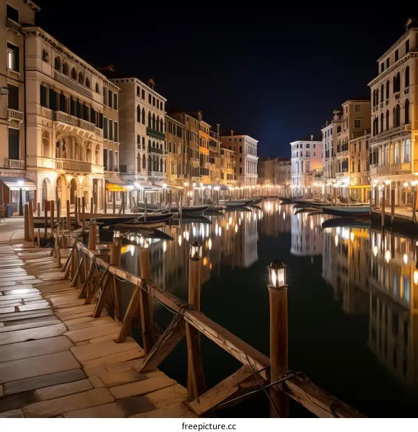 Night view of Venice with a canal, buildings and gondolas