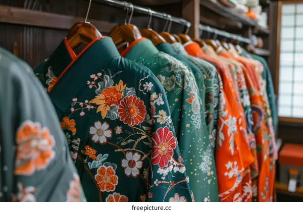 A rack of colorful kimono with floral patterns.