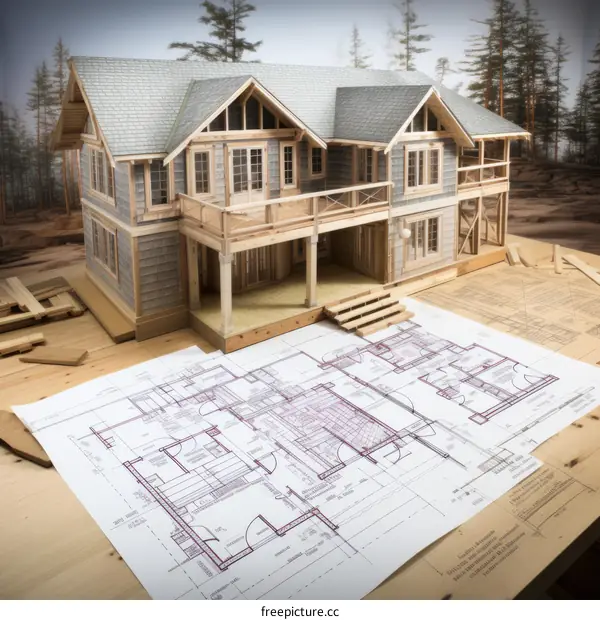 3D rendering of a beautiful house with a blueprint