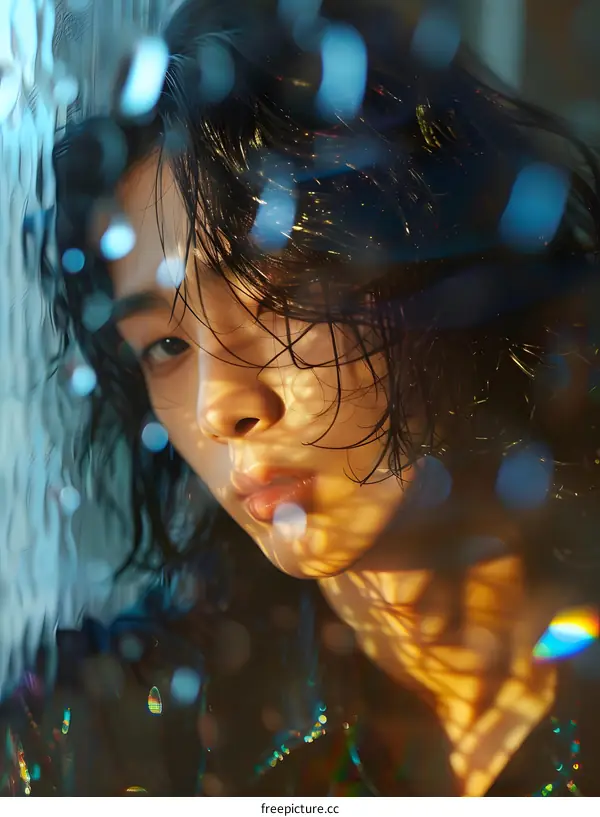 Asian Man with Wet Hair and Sparkles