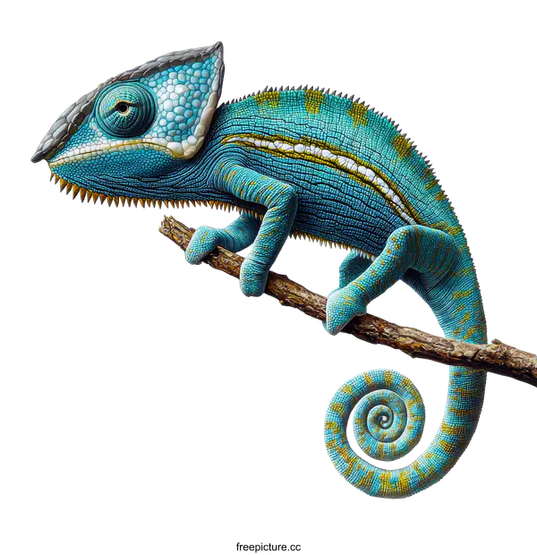 [Transparent Background PNG]Detailed Illustration of a Blue Chameleon on a Branch