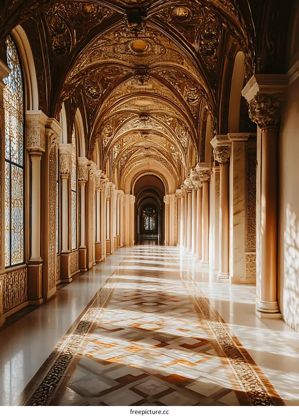 Golden Arches and Ornate Ceiling in a Palace Hallway