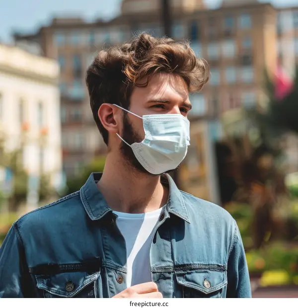 Bearded man wearing a medical face mask during the COVID-19 pandemic