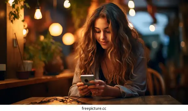 Young woman smiling while looking at her phone