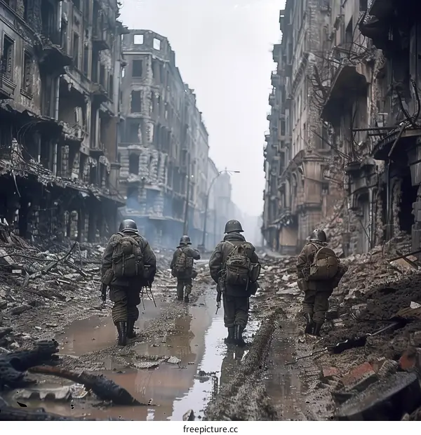 Four soldiers walking through a destroyed city street