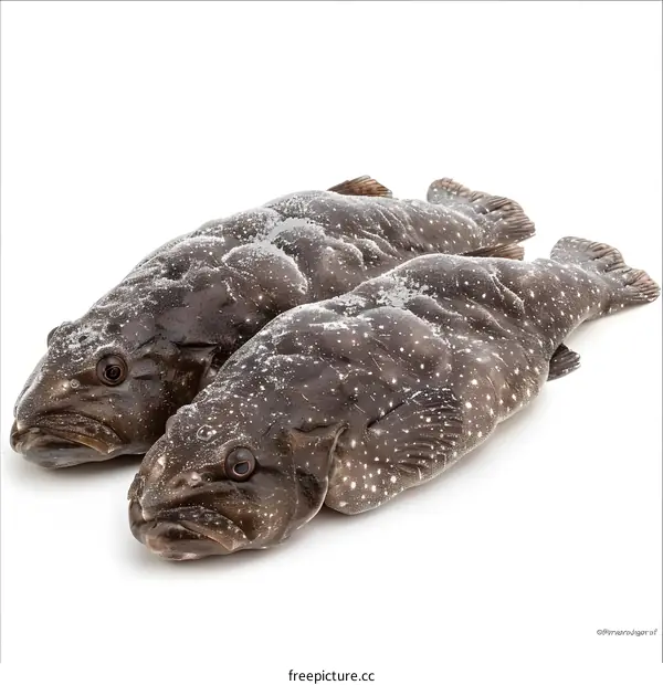 Two dark brown and white fish on a white background