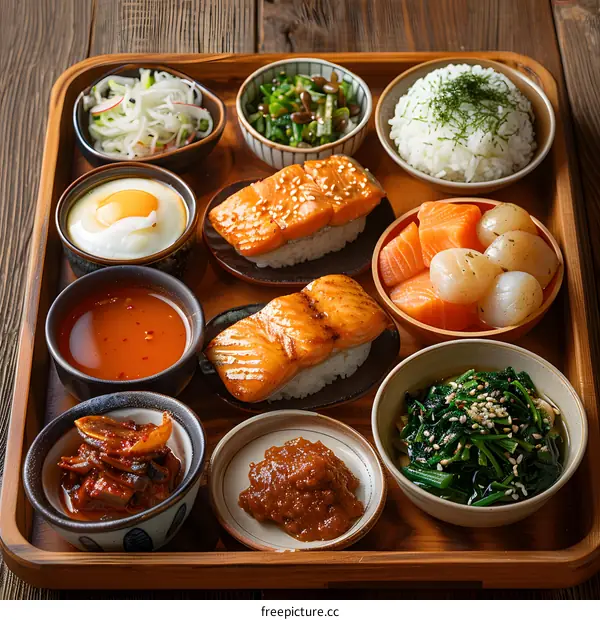 Japanese Food Tray with Salmon Sushi, Fried Egg, and Side Dishes