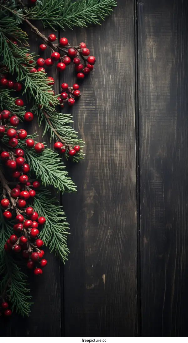 Christmas background with fir branches and red berries