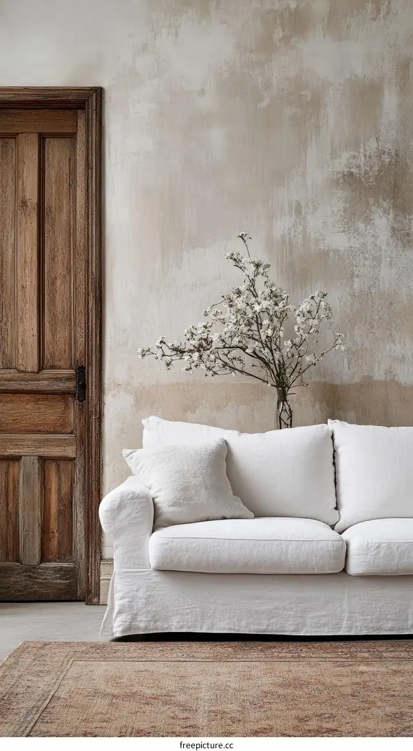 Rustic Living Room with White Linen Sofa