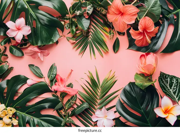 Tropical Flowers and Leaves Flat Lay on Pink Background