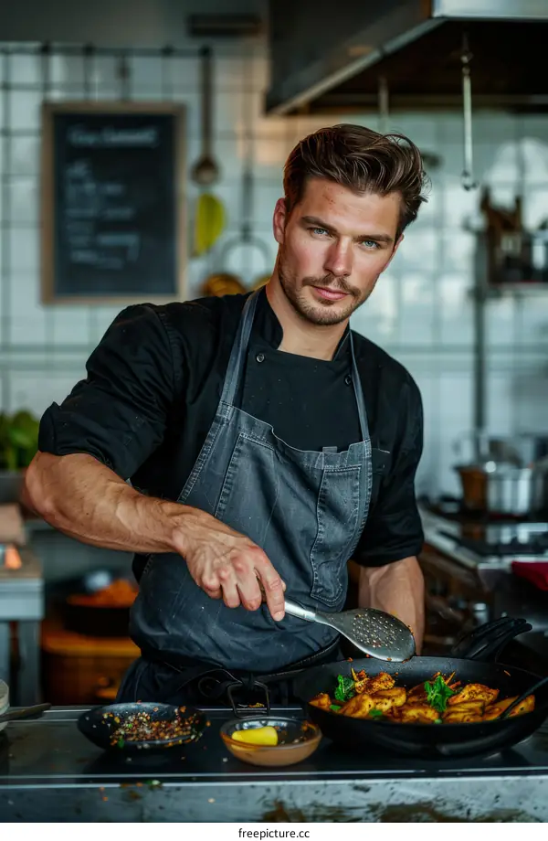 Portrait of a handsome male chef in a black uniform cooking in a commercial kitchen