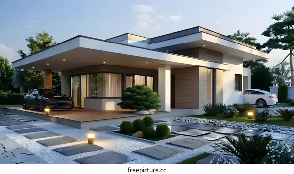 Modern House Exterior Design with Stone Pathway