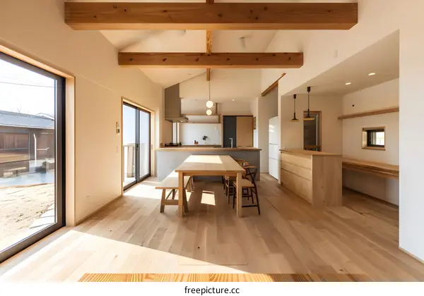 Modern Japanese Kitchen and Dining Room with Wooden Beams and Large Windows